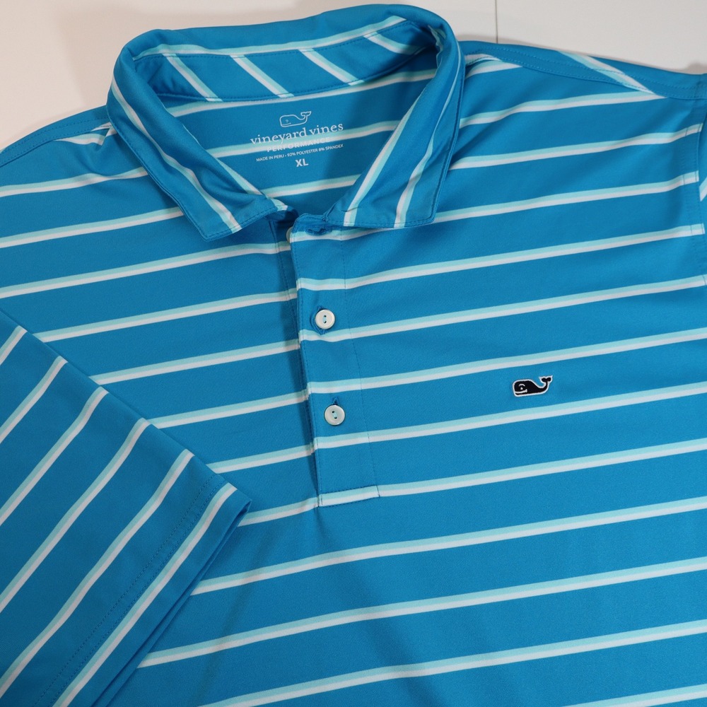 Vineyard Vines Polo Shirt Mens XL Blue Striped Performance Short Sleeve Whale